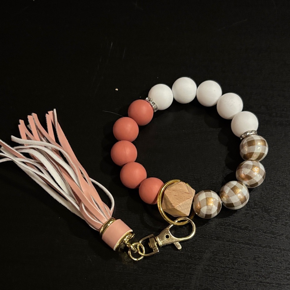 Pink and White Beaded Keychain Bracelet